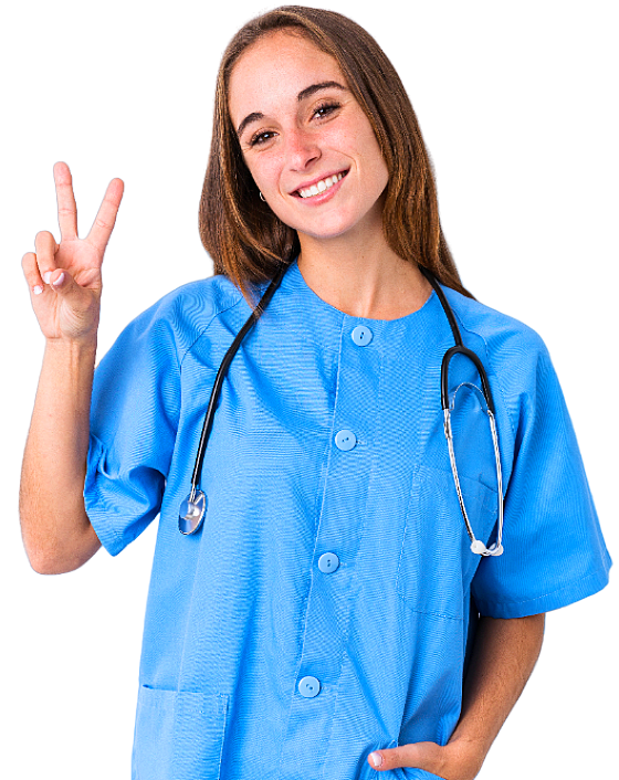 A female health staff doing peace sign