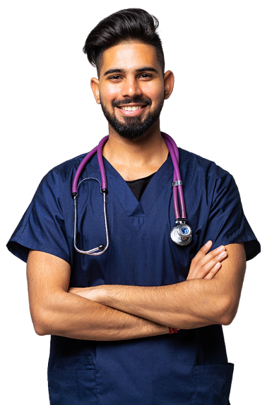 A male health staff smiling